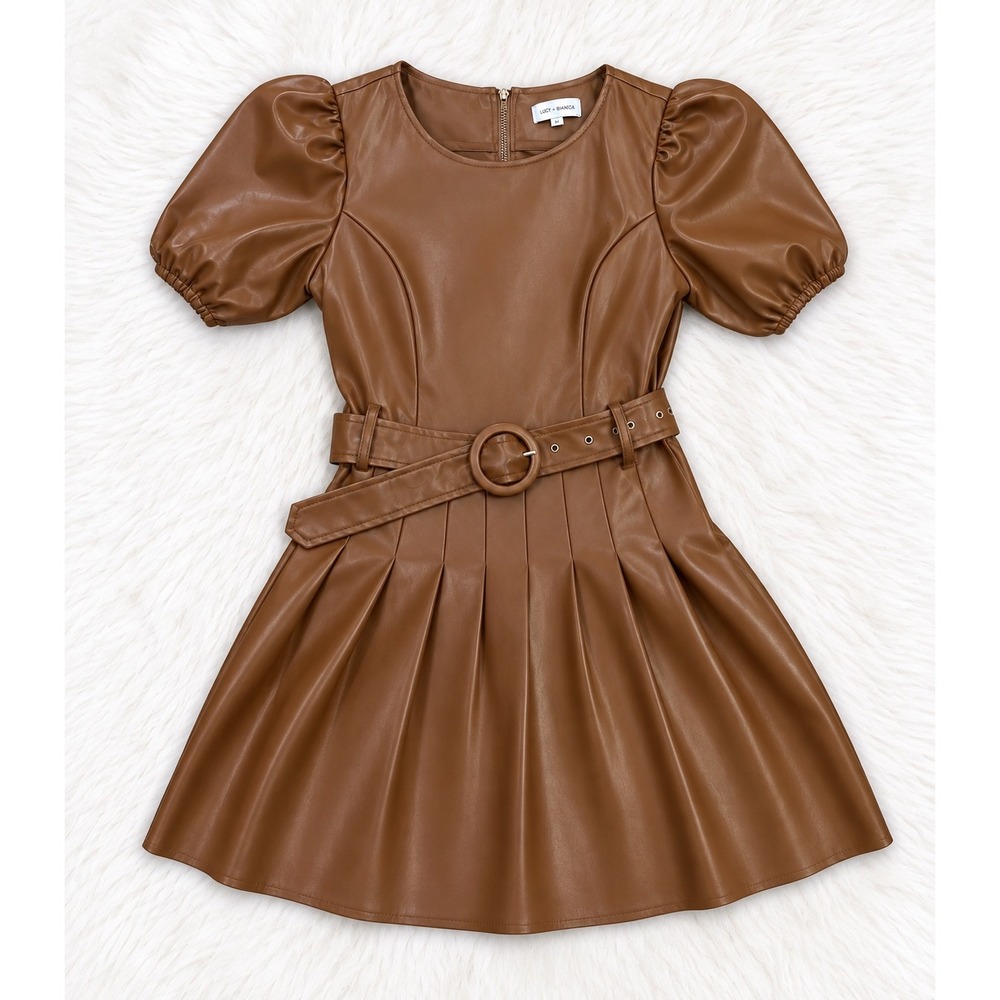 Lost + Wander Faux Leather Puff Sleeve Mini Dress Small Brown Belted